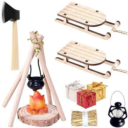 Snyvpra Wichtel Zubehör Weihnachten Set, 10 Stück Wichtel Zubehör Set, Miniatur Deko Schlitten, Lagerfeuer und Axt, Weihnachtswichtel Zubehör für Weihnachtsdeko, Puppenhäuser und Festliche Szenen
