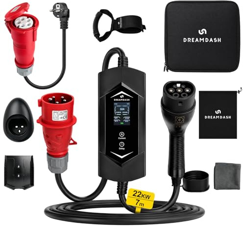 Colonnina Ricarica Auto Elettrica 22kW Trifase Tipo 2 CEE 16A 5 pin Cavo 7m | Adattatore Presa Shuko, Wallbox Caricatore Regolabile 6-32A 1-12 Ore, IP65, -30 ℃ a 50 ℃, Carica Batteria Portatile