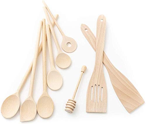 tuuli Kitchen Ensemble de Ustensiles Cuisine Bois de hêtre (6x Cuillère de cuisine 18cm-35cm, Cuillère à miel, 2x Spatule)