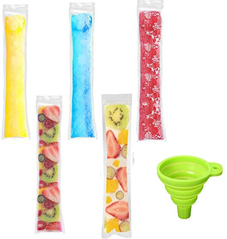 100 Pack Ice Popsicle Moulds Bags, Disposable DIY Zip-Top Freezer Tube Ice Pop Pouches for Gogurt, Ice Candy or Freeze Pops, BPA Come with Funnel