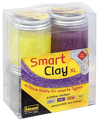 Idena 40277 - Smart Clay, schlaue Knete mit spannenden Eigenschaften in luftdichten Bechern, 4er Set mit je ca. 70 g in glitzernden Farben, gelb, orange, lila und silber