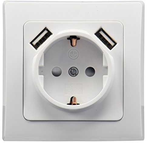 ChiliTec Steckdose Weiß mit USB Unterputz Schutzkontakt-Steckdose 250V / 16A USB-Port 5V / 2,1A Laden von Smartphone Tablet