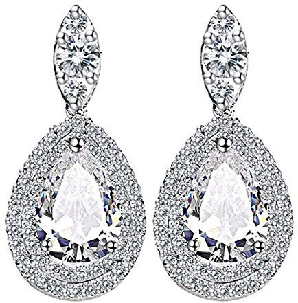 Onefeart mit Platin überzogen Ohrstecker Für Frauen Mädchen Birne Cubic Zirconia Klassisch Stil Wassertropfen Design Ohrringe 16.7X35MM Weißes Gold
