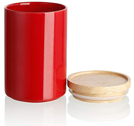 Sweejar Kitchen Canisters Ceramic Food Storage Jar, Stackable Containers with Airtight Seal Wooden Lid for Serving Ground Coffee, Tea, Sugar, Salt and More - 28 Fl Oz (Red)