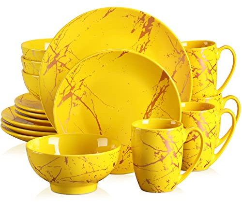 LOVECASA Tafelservice porzellan, SWEET 16-teiliges Kombiservice Set, Ess Geschirrset mit Goldspritzer Design, für 4-12 Personen, Gelb