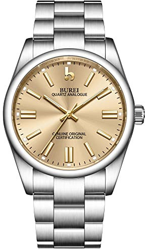 BUREI Armbanduhr Luxus Silber Uhren Herren Analog Quarz mit Edelstahlarmband Mode Designer Business Uhr für Herren 42MM Champagner Dial