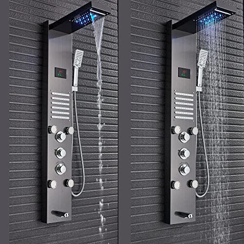 Huin Système de colonne de douche Colonne de douche en acier inoxydable à jet de pluie et massage cascade à LED-le noir