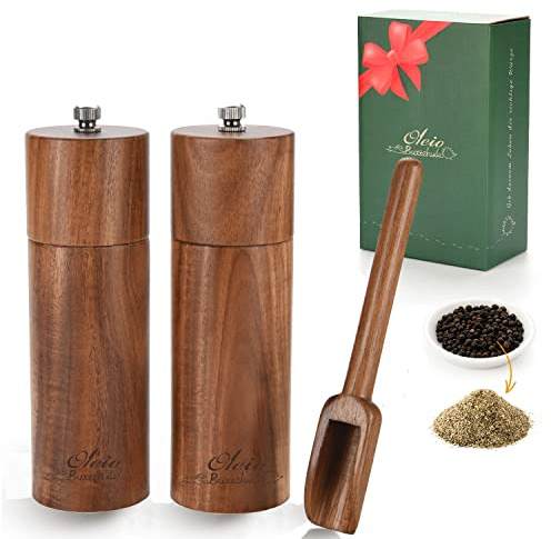 Oleio 2er Salz- und Pfeffermühlen-Set aus Akazienholz mit Keramikmahlwerk | 15 cm hohe Mühlen, Mahlgrad von fein bis grob stufenlos einstellbar, für Salz, Pfeffer und trockene Gewürze, mit Gewürzlöffel