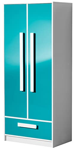 Marmex Guliver 01 - Zweitüriger Kleiderschrank mit Schubladen, Einlegeböden, Kleiderstange, Wäscheschrank, Kleiderschrank für Jugendliche (Korpus:weiß Frontfarbe:türkis glänzend)