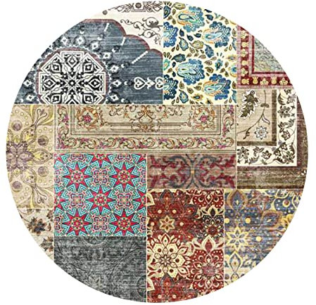Weicher Rund Kurzflor Designer Teppich rutschfest Waschbar modern für Wohnzimmer Schlafzimmer Kinderzimmer Vintage Arbeitszimmer, Geometrisches Blumen-Patchwork-Design Round ø150cm