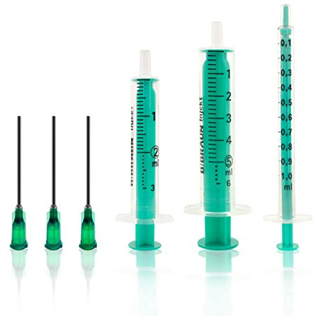 3 Stück Spritzen-Set bestehend aus 1ml, 2ml, 5ml, inkl. 3x 37mm Kanülen mit stumpfer Nadel. Einwegspritzen, Dosierspritze aus Plastik. Ideal für feine Dosierungen, Hobby, Handwerk, Haustiere uvm.