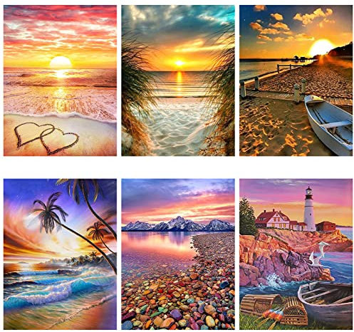 SupLetsico 6 Stück Diamond Painting Set für Erwachsene, Diamont Malerei Sonnenuntergang Strand, DIY 5D Diamond Painting Bilder Full Drill für House Wall Dekoration(30x40cm)