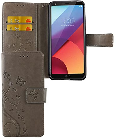 König Design Handyhülle für LG G6 Kunstlederhülle mit Kartenfächer, Schutzhülle mit Standfunktion, Klapphülle Tasche - Grau - Blumen