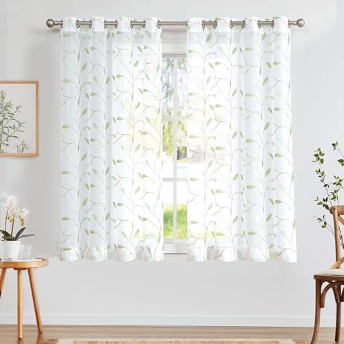 TOPICK Sheer Vorhang Voile Gardinen mit Ösen Blätter Stickerei Transparent Ösenschal Gaze Paarig Ösenschals Blatt für Wohnzimmer Schlafzimmer Stores 2er Set Grün auf Weiß H175 x B140(cm)