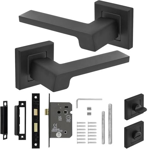 Decoranddecor Black Door Handles Internal – Aluminium Matt Black Door Handle Sets for Interior Doors |Internal Door Handles with Bathroom Door Lock and Turn and Release | Spectra Range