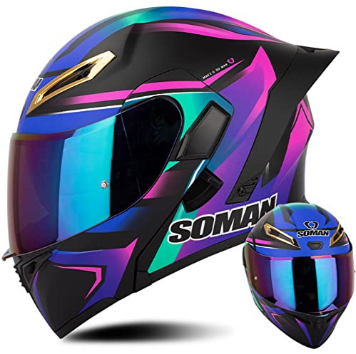 Klapphelm Modularer Motorradhelm Rollerhelm Klappbarer Multifunktion Motorrad Helme mit Doppeltem Sonnenvisier Farblinse Integralhelm DOT/ECE Zertifiziert Herren Damen, Blau Lila-S(55~56cm)