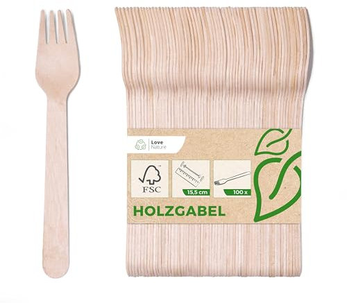 Love Nature Einwegbesteck Holzgabeln 100 Stück - Holzbesteck Einweg - Party Besteck Einweg aus Birkenholz - Einweggabeln Umweltfreundlich