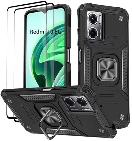 KANSi Hülle für Xiaomi Redmi 10 5G, Schutzfolie [2 Stück] Silikon TPU Hart PC Handy Hüllen 360 Grad Drehbar Ringhalter Bumper Stoßdämpfung Schutzhülle - Schwarz