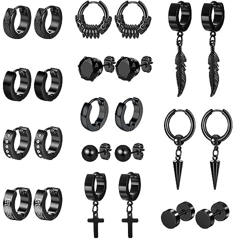 Dochais 12 Paare Herren Edelstahl Ohrringe, Nordischer Wikinger Hoop Ohrring Herren, Edelstahl Herren Ohrstecker Mit Nordic Elder Futhark Runen, Schwarz Hoop Creolen, Ohrstecker Ohrschmuck