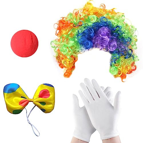 MIVAIUN 4-teiliges Clown Kostüm Set mit Perücke, Clownsnasen, Handschuhen, Fliege und mehr für Erwachsene und Kinder - perfekt für Parties und Cosplay