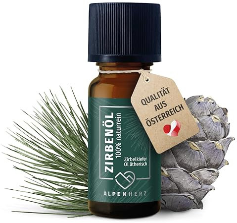 ALPEN HERZ Zirbenöl 10 ml - 100% naturrein, ätherisches Zirbelkieferöl aus Österreich für Duftöl Raumduft Duftlampe Zirbenwürfel Diffuser Zirbe Lufterfrischer Zirbelkiefer Öl Geschenke