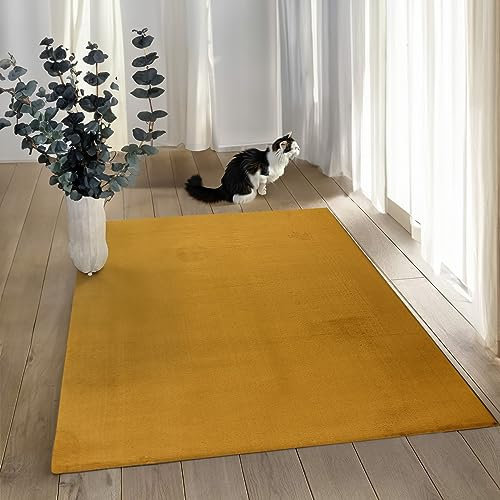 payé Teppich Wohnzimmer Hochflor - 80x150cm - Läufer - Gelb - Super Soft Kuschelweich Flauschig Modern Einfarbig Modern Weicher Schlafzimmerteppich