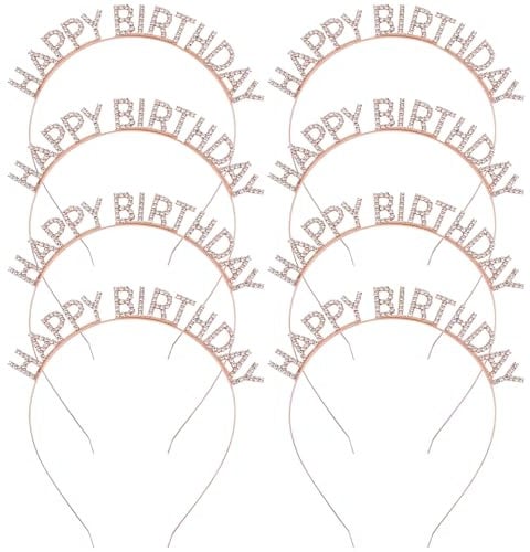 inSowni 8 Pack Sparkling Rhinestone Rose Gold Metal Happy Birthday Headbands Hair Crowns Tiaras Bands Hoops Birthday Party Hair Accessories for Toddlers Girls Kids Teens Women