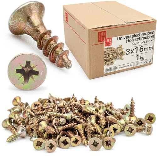 LUN FIX Universalschraube 3,0x16 mm - 1kg (1660stk) |Kreuzschlitz PZ1 | Senkkopf | Holzschrauben | GelbVerzinkt | Mehrzweckschrauben| Kreuzschlitzschrauben