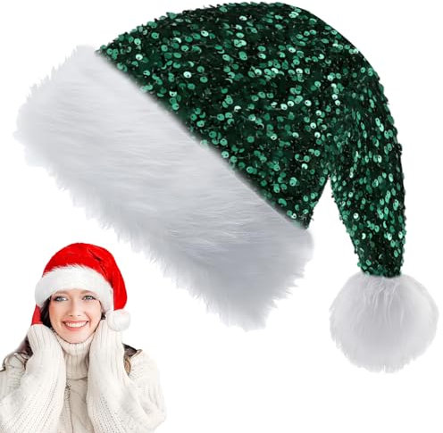 YAAVAAW 30 * 45cm Cappello Natale Donna Uomo Verde Paillette,Deluxe Peluche Cappello di Babbo Natale per Adulti Bambini,Morbido Unisex Velluto Cappelli Accessori Decorazioni Regali Festa Costume