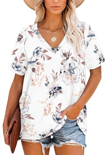 NARRAME T-Shirt d'été rayé avec col en V pour Femme À Fleurs Blanc Grand L 42-44