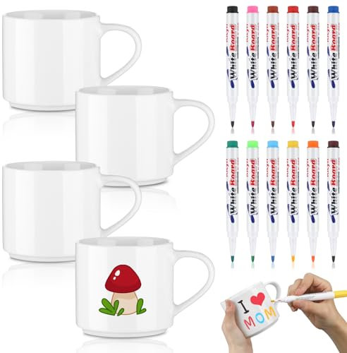 Mifoci 28 Pcs Christmas Paint Your Own Mug Ceramic Mugs to Paint Mug Paint Kit Decorate Your Personalized Coffee Mug DIY Craft Include 4 Blank Ceramic Mugs 2 Set Marker Pen for Kid Adult(Normal)