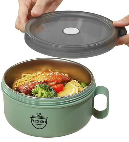 YCXXKJ Microwave Ramen Bowl Set, Ramen Bowl with Lid and Stainless Steel Liner, Ramen Cooker, Noodle Bowls for Home Office College Dorm Room, Dishwasher Safe (Green)