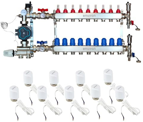 ENVIRON- Heizkreisverteiler mit Festwertregelset und Stellantrieben [2-12 Heizkreise] inklusive Kugelhahn Set und Schnellentlüfter Set | Fußbodenheizung (Environ Ecostar 25/6, 9 Heizkreise)