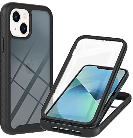 XYZNTMF iPhone 13 Case with Built-in Screen Protector Shockproof Silicone Bumper Hard Clear Shell Full Body Protective Cover Rugged Transparent Back Case for iPhone 13, Black