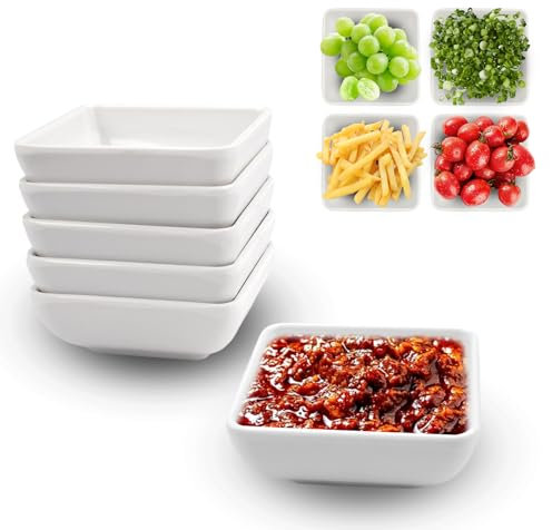 EXIN DECHEN 6 Stück Sojasauce Schälchen, Weiß Saucenschälchen, 7,3x2,7cm Kleine Schälchen, Quadrat Tapas Schalen Set, Mini Dipschale, Sushi Schälchen, Dip Schälchen für Tomatensauce, Sushi Soja, BBQ
