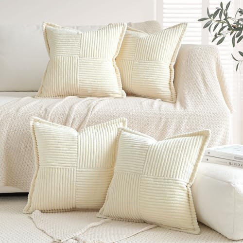 Sungeek 4er Set Kordsamt Kissenbezüge, Dekorativ Zierkissenbezüge Weich Kissenbezug Dekokissen Sofakissen Couchkissen Kissenhülle Deko Bezug für Sofa Schlafzimmer Wohnzimmer (Cremeweiß, 45x45 cm)