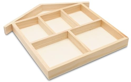 DIY House Shaped Shadow Box 10-inch, Pack of 1, 6-Section Wooden Divided Serving Tray for Crafts & Candy/Food Party Tray, by Woodpeckers