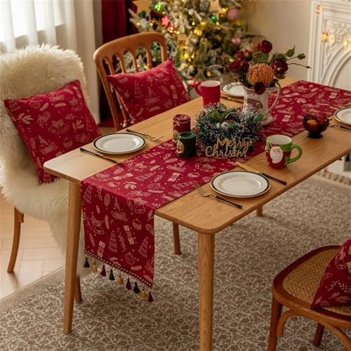 Clothfuna Weihnachten Tischläufer Rot Weihnachtsglocken Tischband Baumwolle Leinen Tischläufer für Tee Kaffee Küche Esstisch Dekoration für Party Urlaub Party Dekor 33 x 180 cm