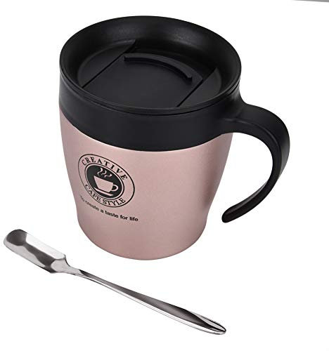 Tasse à café isolée, gobelet à café en acier inoxydable, tasses de voyage, tasse en acier inoxydable, tasses de camping, tasse à thé isolée avec cuillère et couvercle pour les (Rose Gold)