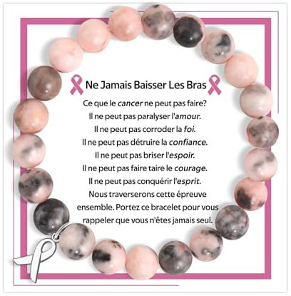 FANCIBAND Bracelet Pierre Naturelle Femme Avec Ruban de Sensibilisation au Cancer du Sein, Bracelet Femme Fille Cadeau D'inspiration pour les Amis Famille Couple Collègues(Gris Rose)