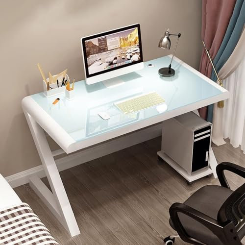 Tempered Glass Computer Desk - Modern Design Student Writing Desk Study Desk Home Office Desk Gaming Desk Personal Workstation With Z-Shaped Metal Frame(White,47 Inch)