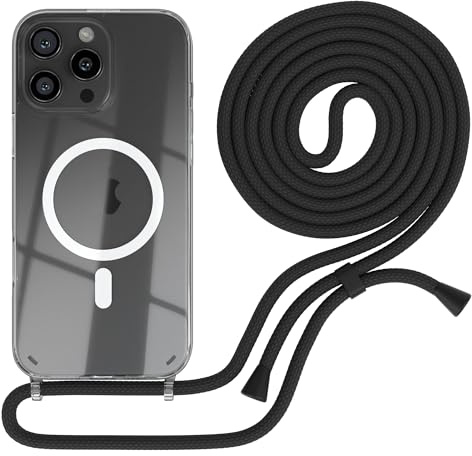 EAZY CASE - Handykette kompatibel mit iPhone 16 Pro Max Kette zum Umhängen Stoßfest Handyhülle für Apple iPhone 16 Pro Max Silikon Hülle mit Band Handytasche Transparent in Schwarz - Clips Schwarz