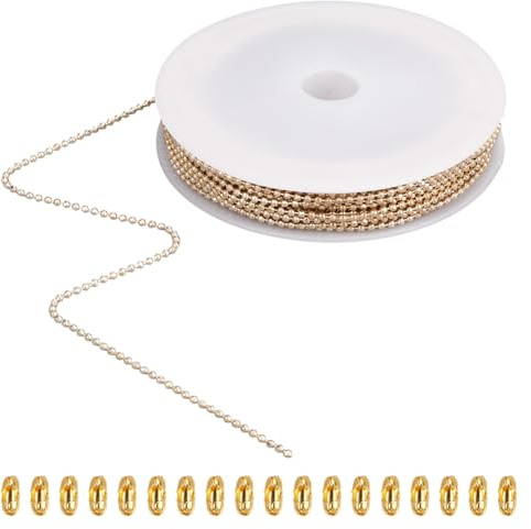SOFPLATE 30 Feet/9M 1.5mm Gold Ball Chain Roll Dog Tag Chains Small Round Faceted Ball Bead Brass Soldered Pull Extension Metal Beaded Link Connectors for Jewellery Making Necklace Bracelet DIY Crafts