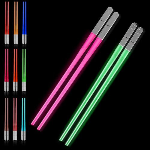 2 Pairs Lightsaber Chopsticks Light Up LED Glowing Light Saber Chop Sticks, Resuable Sushi Lightup Sabers Chopstick with 9 Colors&Removable Handle for Kitchen, Dinner Party, Sushi Cutlery