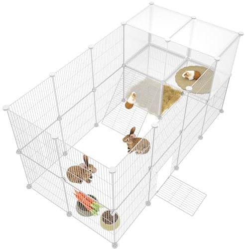 HOMIDEC Rabbit Run,Double Puppy Pen with Door,Encrypted Wire Mesh Cages 29 Panels Indoor/Outdoor DIY Metal Pet Fence for Puppy,Rabbit,Kitten,Hamster,Guinea Pig,Turtle,Hedgehog.White(140x70x70CM)