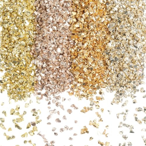 SUNNYCLUE 1 Schachtel 150g 4 Farben Gold Zerstoßenes Kristallglas Zerbrochene Glaskunst Große Menge Unregelmäßige Metallische Glitzerflocken Stücke Chips Für Nagelkunst Kunst Vasenfüller Epoxidharz S
