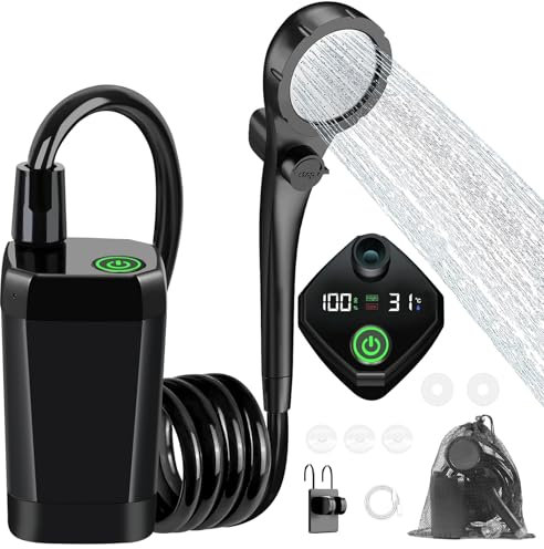 Uplayteck Ducha Portatil Camping, Recargable 6000 mAh Ducha de Portátil, IPX7 Impermeabilización Ducha Camper con Alcachofa, Manguera e Indicación de Temperatura, para Camping, Viajes, Playa