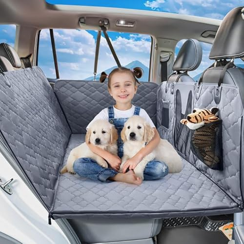 Hundeauto Sitzbezug für Rücksitz mit Rücksitz Verlängerung für Hunde mit hartem Boden hält 400 lbs, wasserdichter Autositz Schutz für Hunde mit Mesh Fenster, graue Hundehängematte für Auto, SUV, LKW