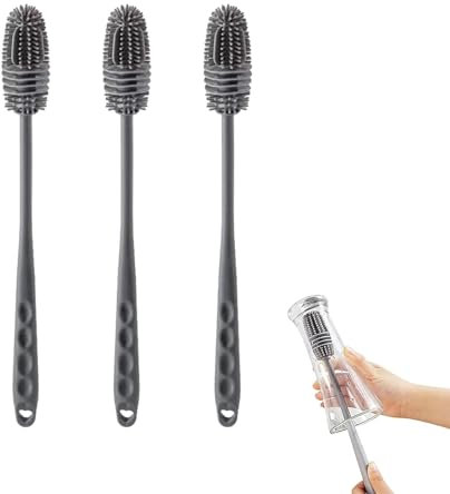 Baby Bottle Brush, Baby Bottle Brush Set, Soft bottle brush,3 pcs Soft Silicone Bottle Cleaner with Long Handle, Bottle and Nipple, Baby Cleaning Essentials (Grey)