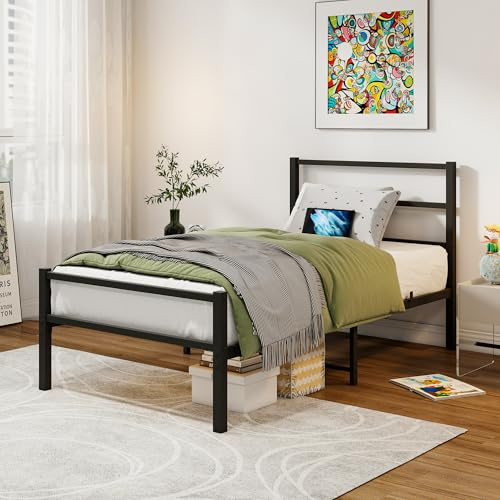 HAHRIR Single Bed Frame with Headboard, Metal Platform Bed Frame Single Size, 3ft Heavy Duty Steel Support, 90x190cm Mattress Foundation with Storage-Enhanced Support, Noise Free,Black